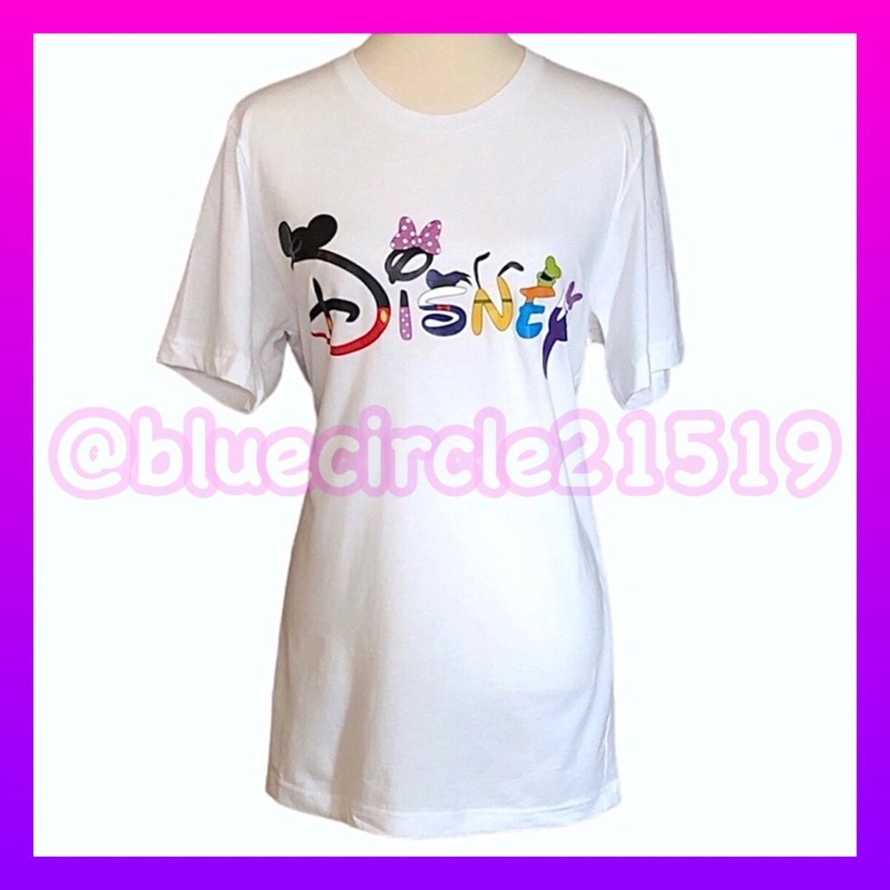 Disney Logo Unisex Short Sleeve Tee Custom Made White Multicolored Cotton NWOT